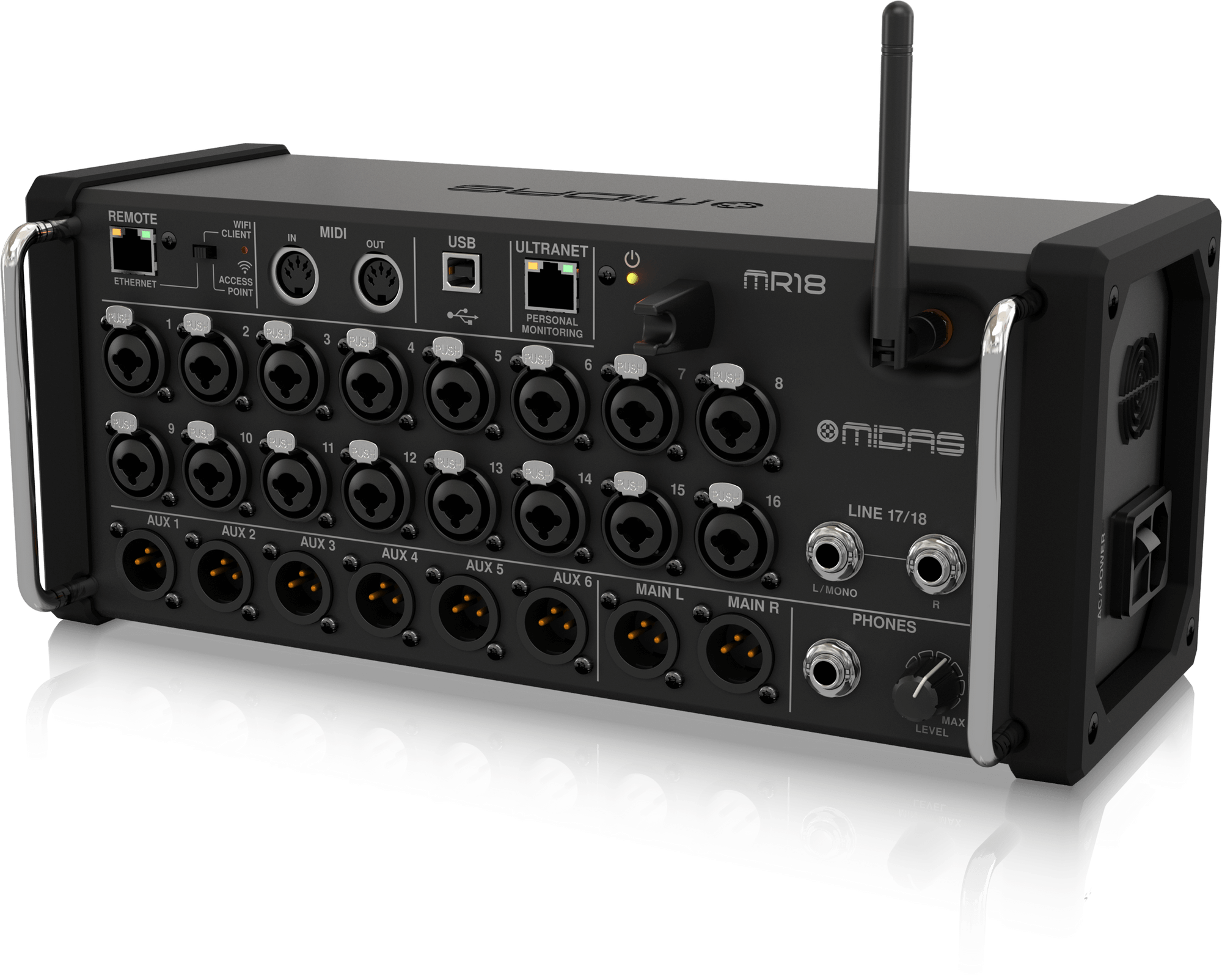 Behringer MR18, 18-Input Digital Mixer for iPad/Android Tablets with 16 Midas PRO Preamps, Integrated Wifi Module and Multi Channel USB Audio Interface - Image 3