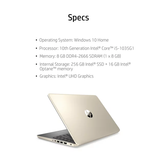Hp 14 Laptop, 14" HD Display, Intel® Core™ i5-1035G1, Intel® UHD Graphics, 8 GB SDRAM, 256 GB M.2 Solid State Drive + 16GB Intel® Optane™ memory, Pale Gold, - Image 4