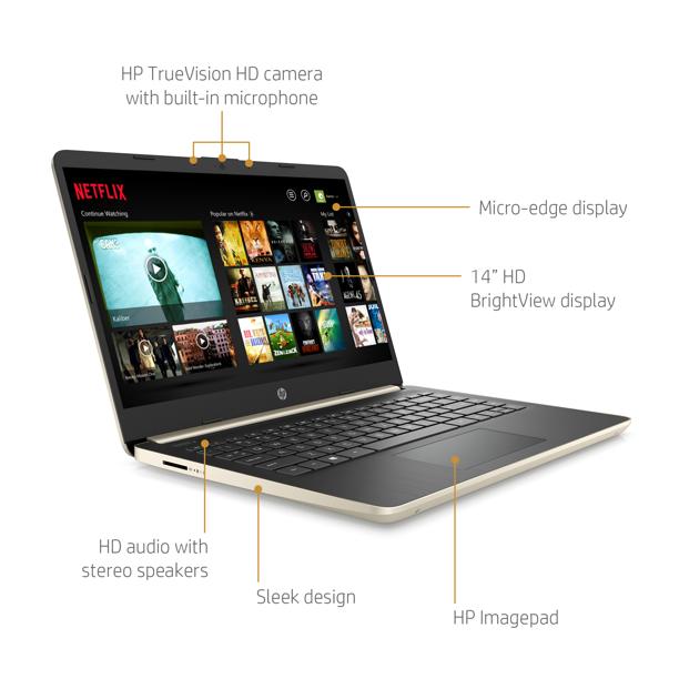 Hp 14 Laptop, 14" HD Display, Intel® Core™ i5-1035G1, Intel® UHD Graphics, 8 GB SDRAM, 256 GB M.2 Solid State Drive + 16GB Intel® Optane™ memory, Pale Gold,
