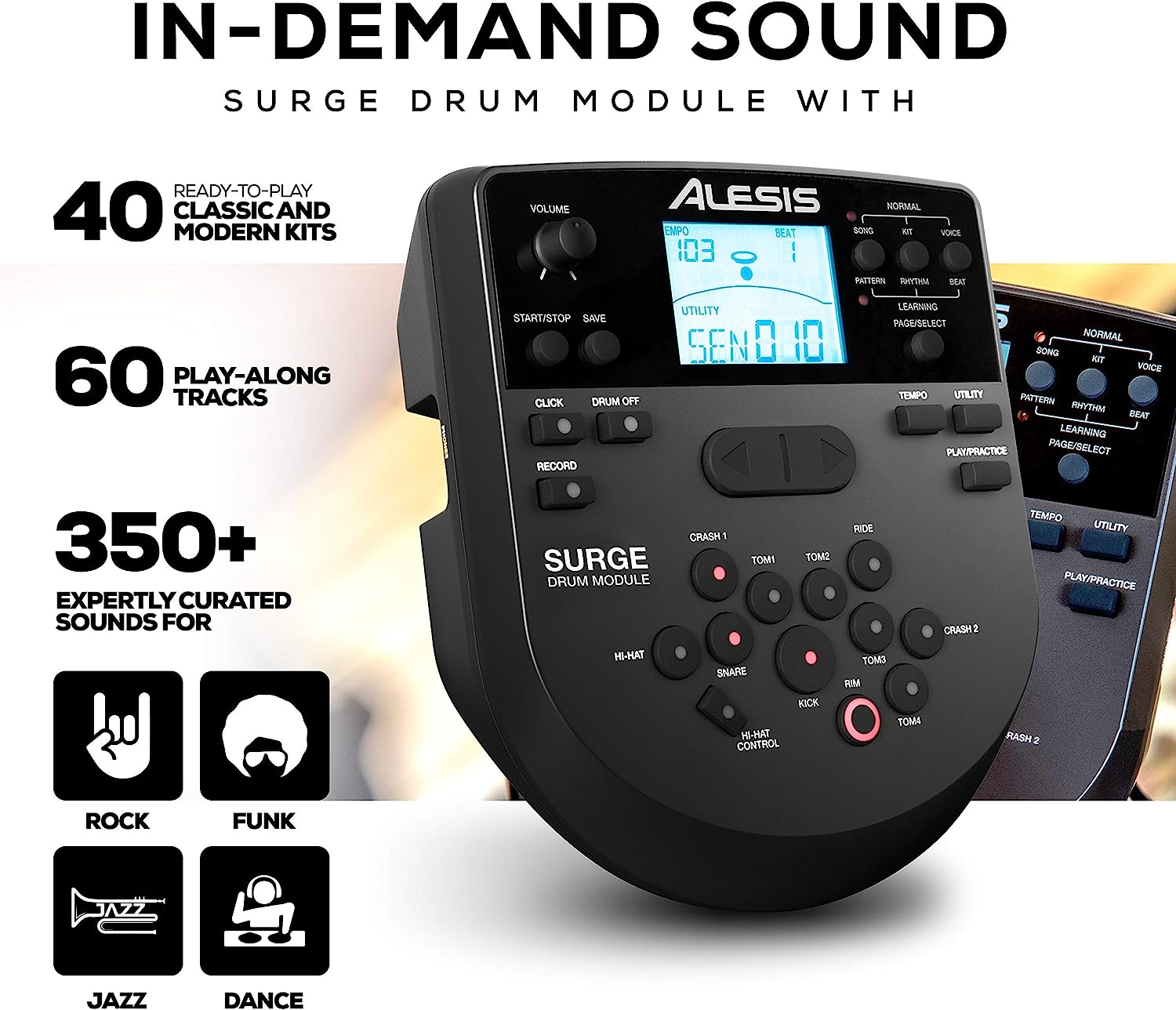 Alesis Drums Surge Mesh Kit - Electric Drum Set with USB MIDI Connectivity, Mesh Heads, Solid Rack and Drum Module Including 40 Kits and 385 Sounds - Image 4