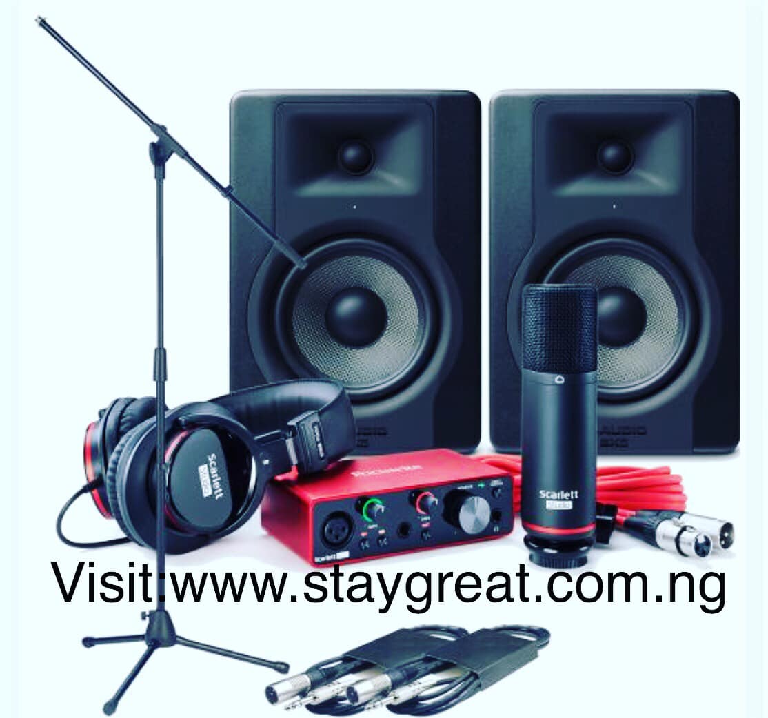 M Audio BX3 120-Watt Powered Monitor / Studio Monitors + Focusrite Solo Studio Bundle + MIC Stand + Cables