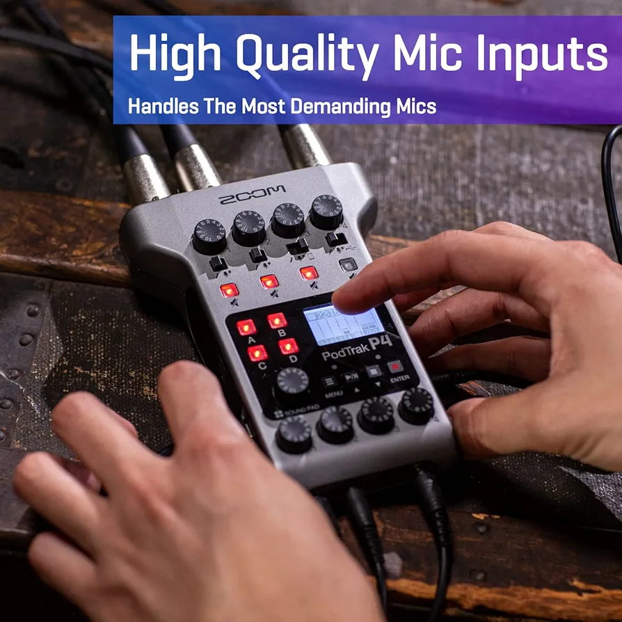 Zoom PodTrak P4 Podcast Recorder, Battery Powered, 4 Microphone Inputs, 4 Headphone Outputs, Phone and USB Input for Remote Interviews, Sound Pads, 2-In/2-Out Audio Interface - Image 3
