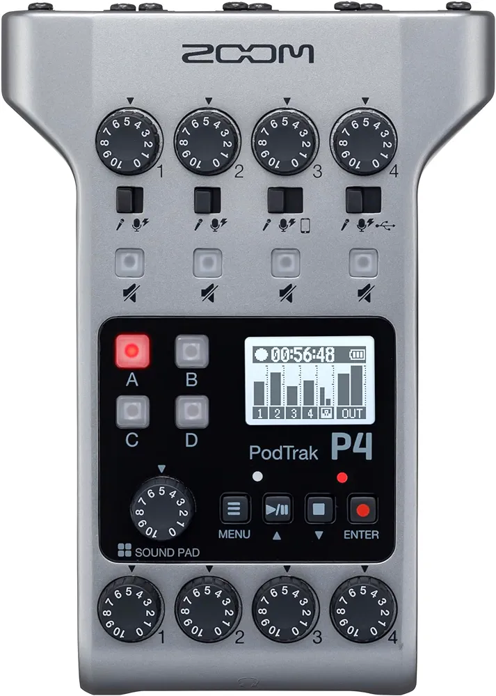 Zoom PodTrak P4 Podcast Recorder, Battery Powered, 4 Microphone Inputs, 4 Headphone Outputs, Phone and USB Input for Remote Interviews, Sound Pads, 2-In/2-Out Audio Interface