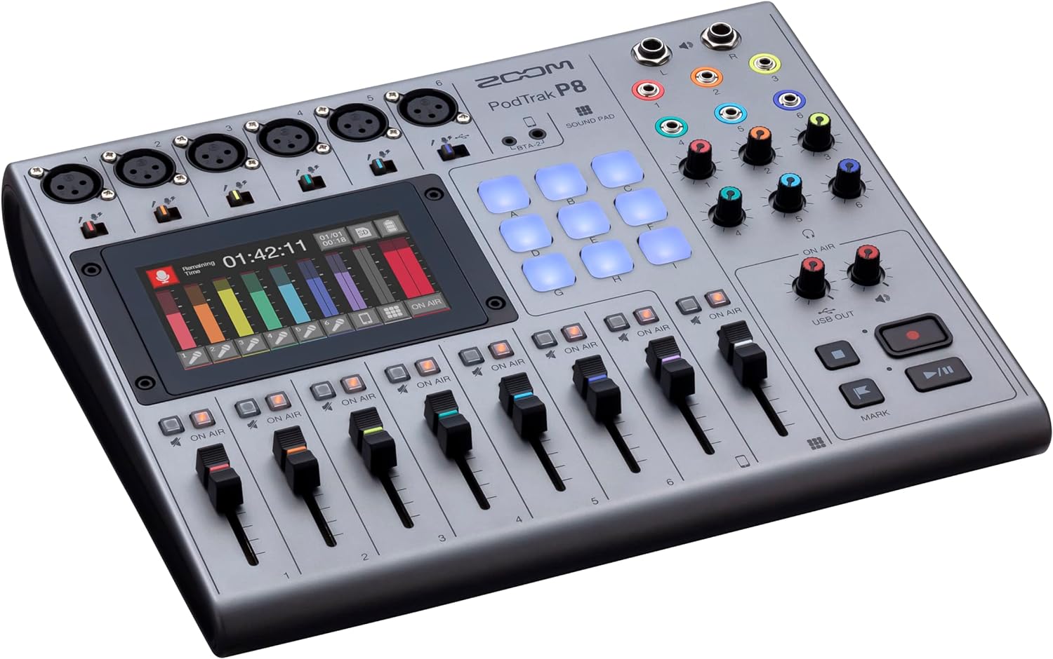 Zoom PodTrak P8 Podcast Recorder, 6 Microphone Inputs, 6 Headphone Outputs, Phone Input, Sound Pads, Onboard Editing, Record to SD card, USB Audio Interface, Battery Powered - Image 3
