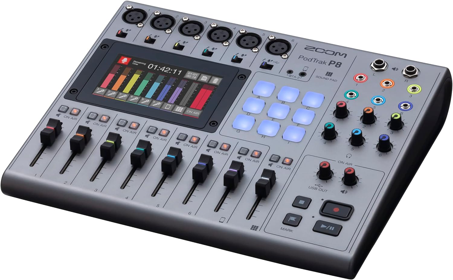 Zoom PodTrak P8 Podcast Recorder, 6 Microphone Inputs, 6 Headphone Outputs, Phone Input, Sound Pads, Onboard Editing, Record to SD card, USB Audio Interface, Battery Powered - Image 4